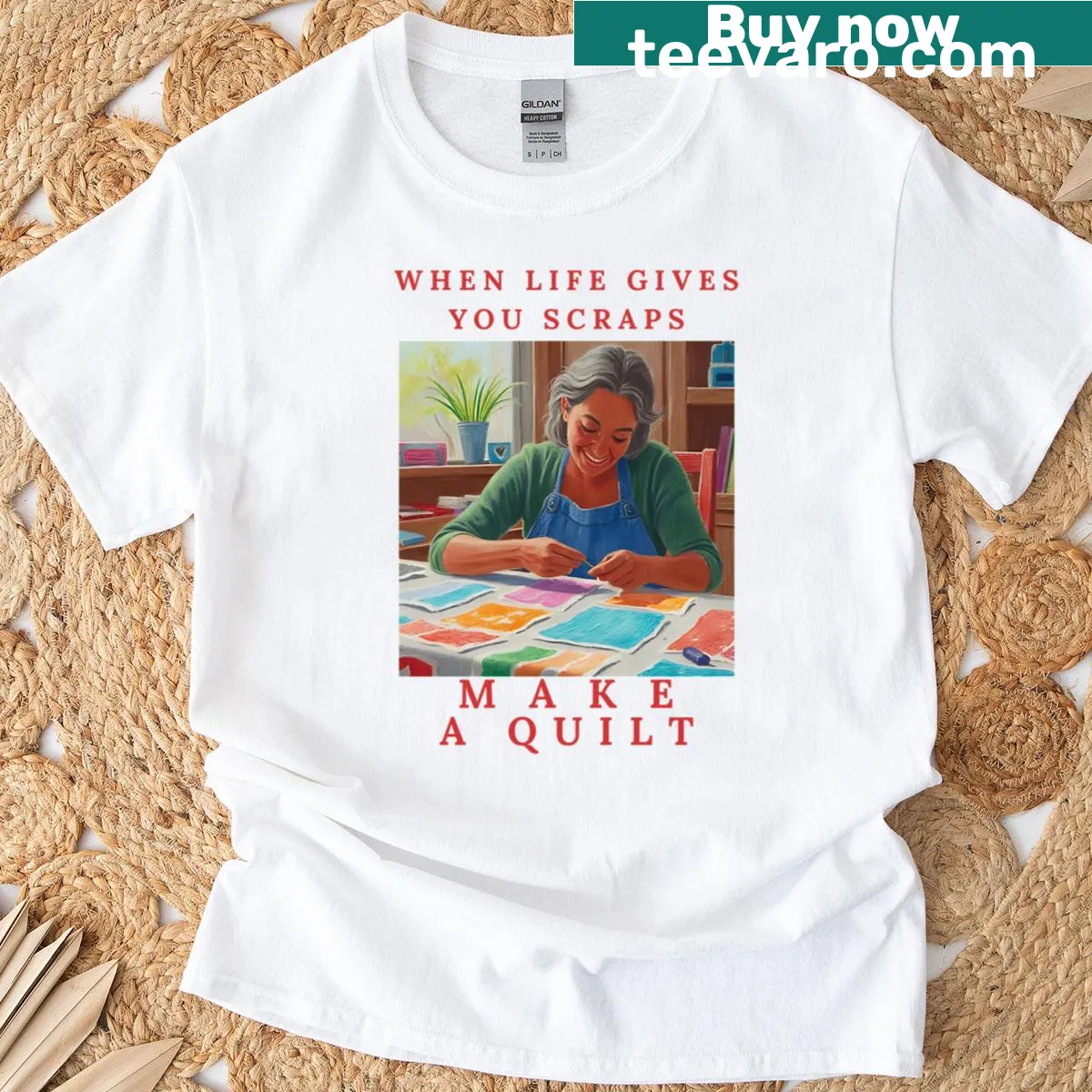 Funny quilting-themed T-shirt with a playful saying — on a men's t-shirt