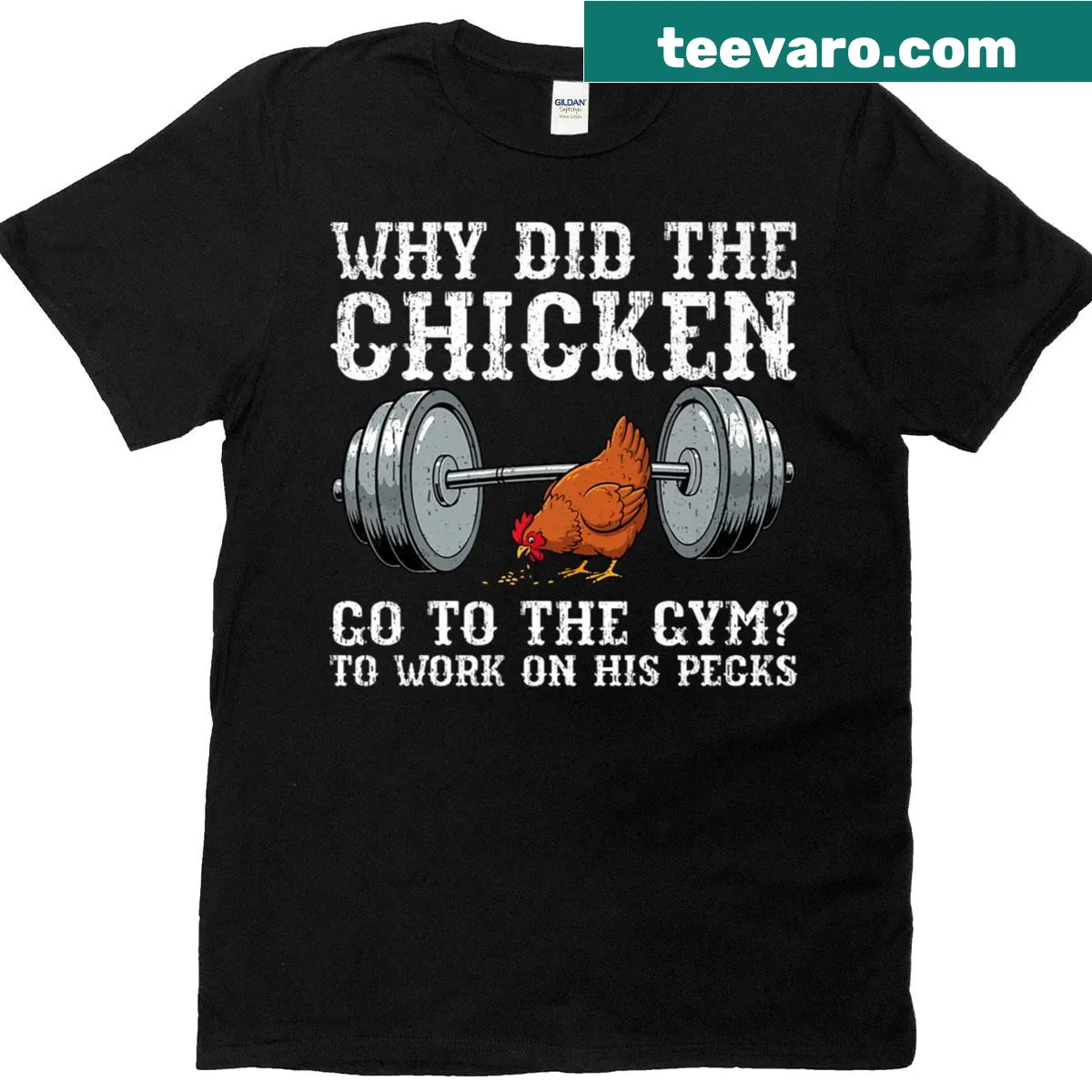 Funny T-shirt with a chicken gym workout theme — on a men's t-shirt