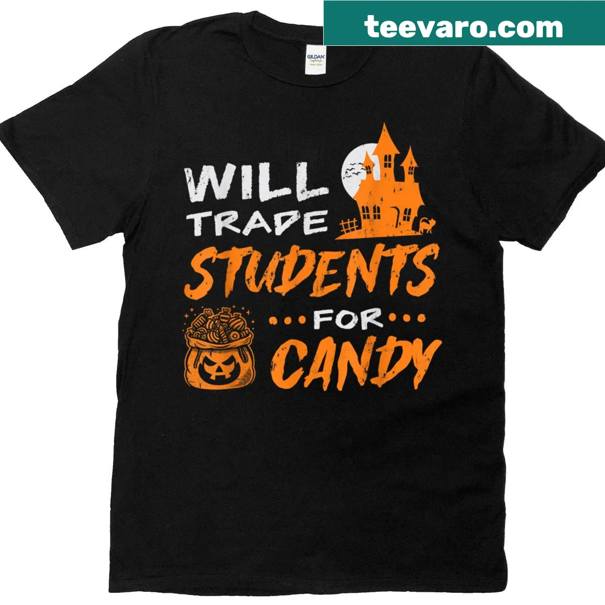 Humorous teacher t-shirt stating Will Trade Students For Candy — on a men's t-shirt