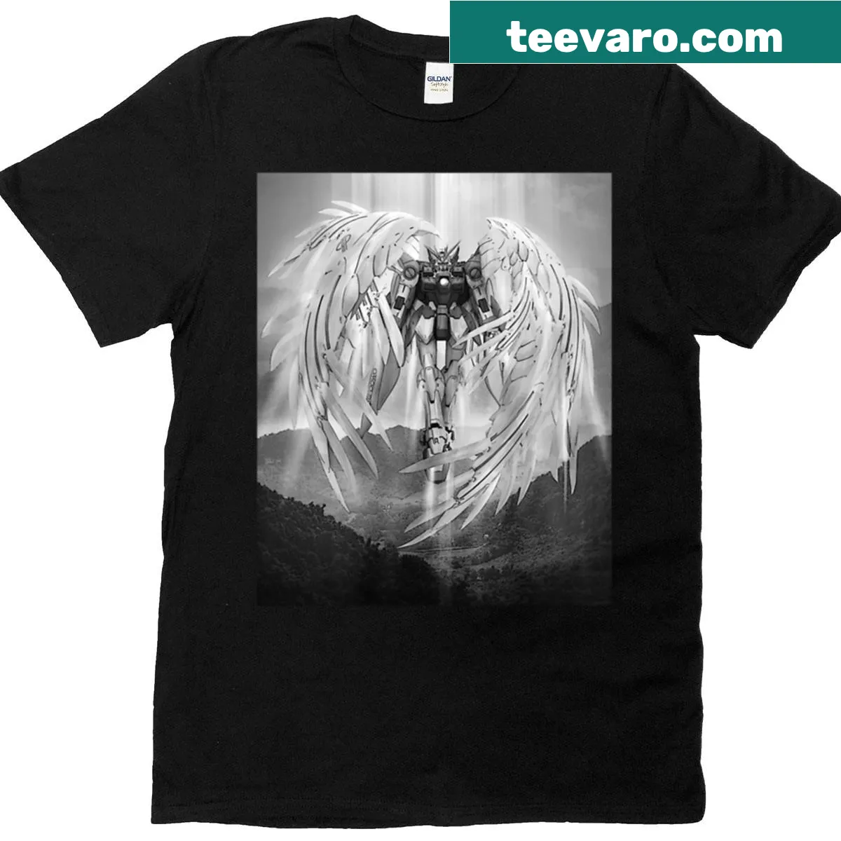 Intricate ink art t-shirt featuring the Wing Gundam design — on a men's t-shirt