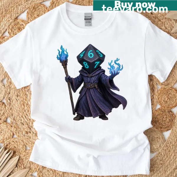 Whimsical wizard illustration with D10 dice on a gaming-themed t-shirt