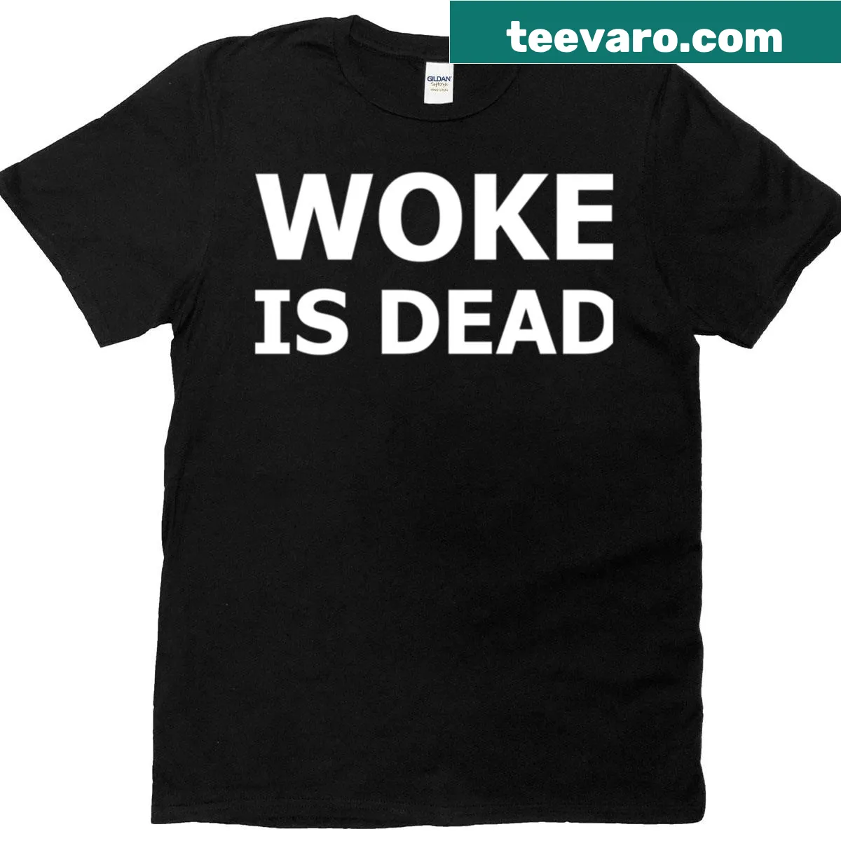 Woke Is Dead t-shirt featuring bold text — on a men's t-shirt