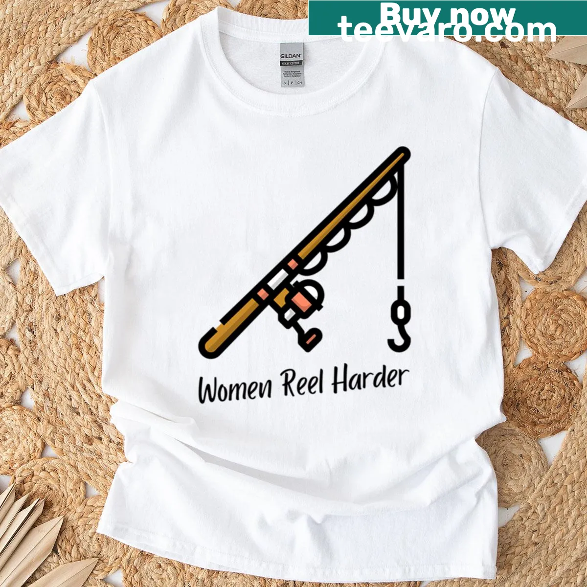 Empowering fishing-themed shirt with 'Reel Harder' typography for women — on a men's t-shirt