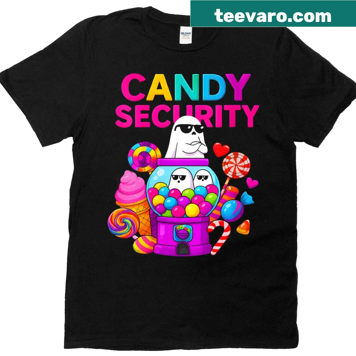 Funny Halloween t-shirt with 'Candy Security' text — on a men's t-shirt