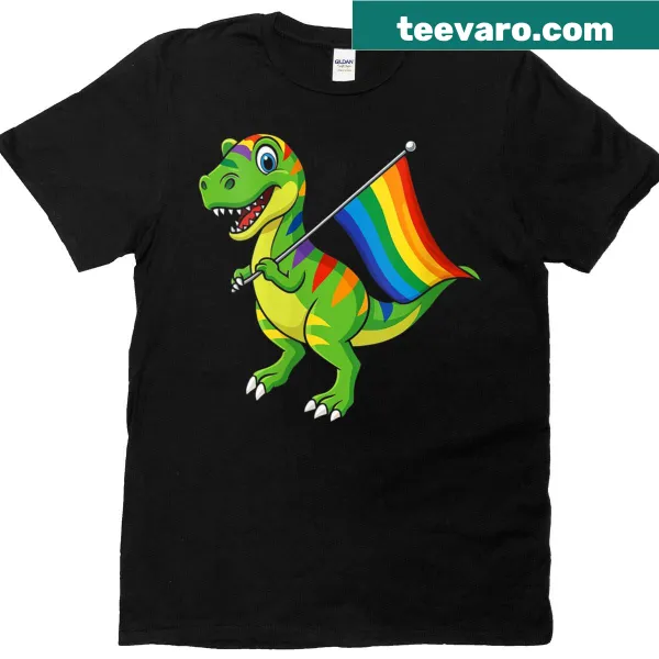 Dinosaur and LGBT rainbow flag graphic on women's t-shirt.