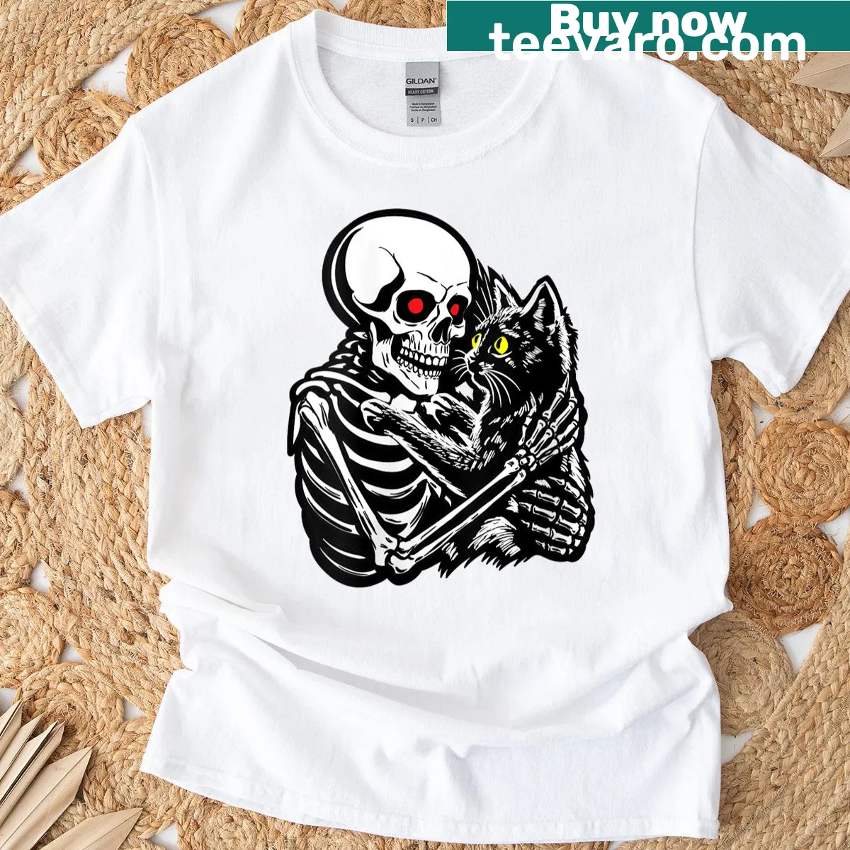Funny Halloween t-shirt with skeleton hugging a black cat — on a men's t-shirt
