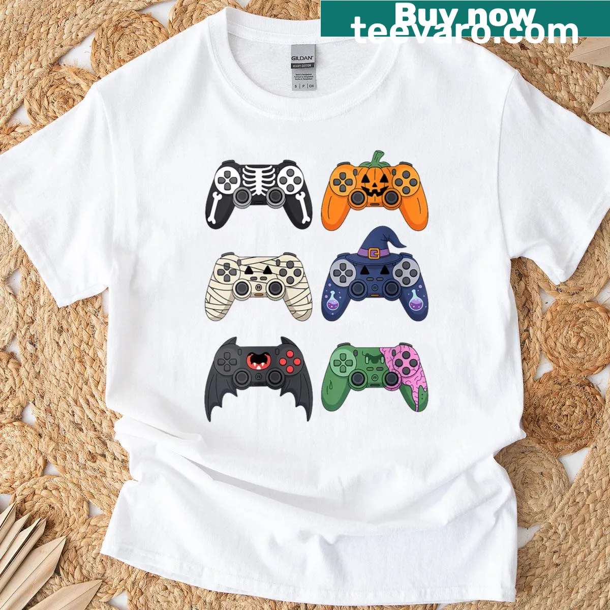 Halloween T-shirt featuring skeletons and gaming controllers — on a men's t-shirt
