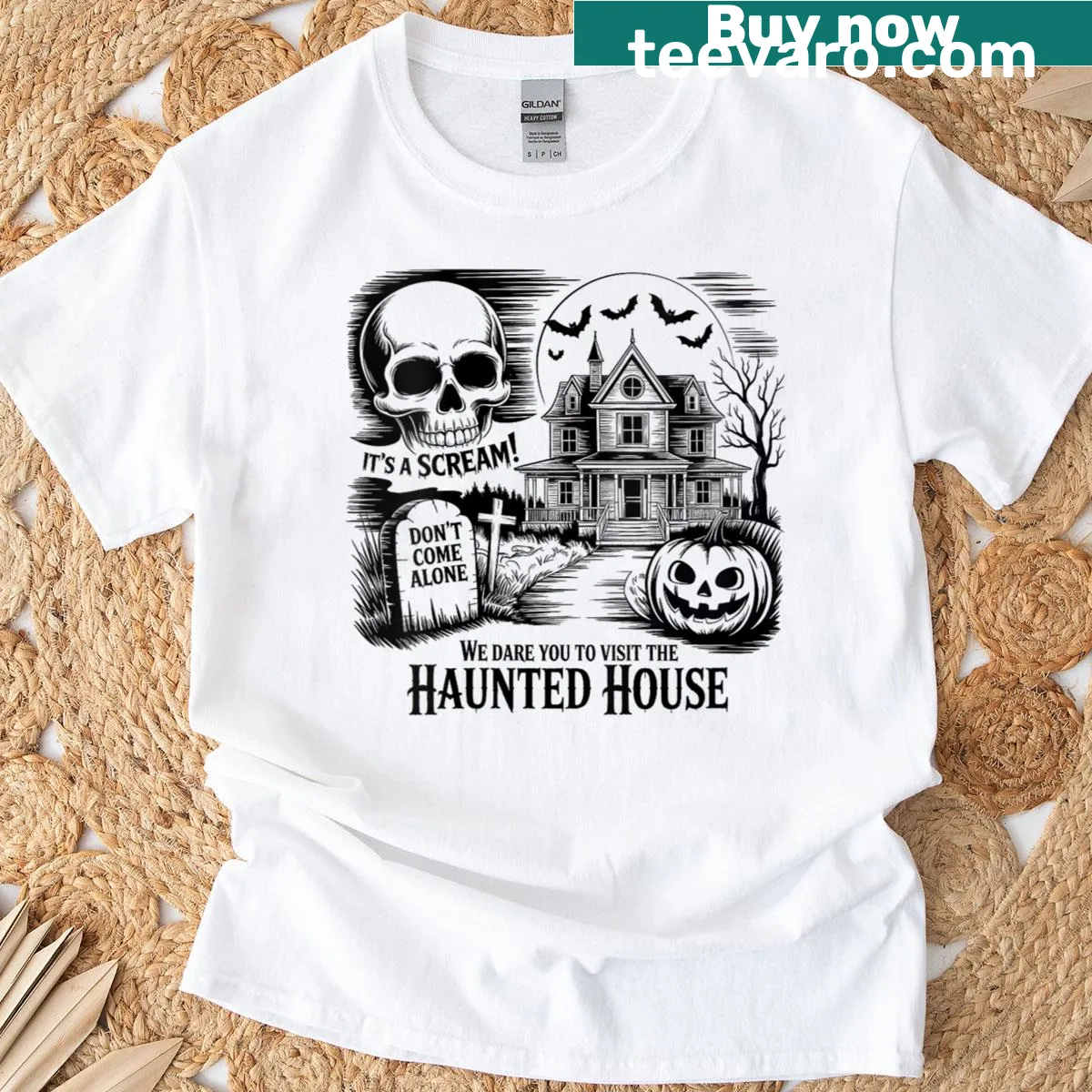 Vintage-styled Halloween T-shirt featuring a haunted house graphic — on a men's t-shirt