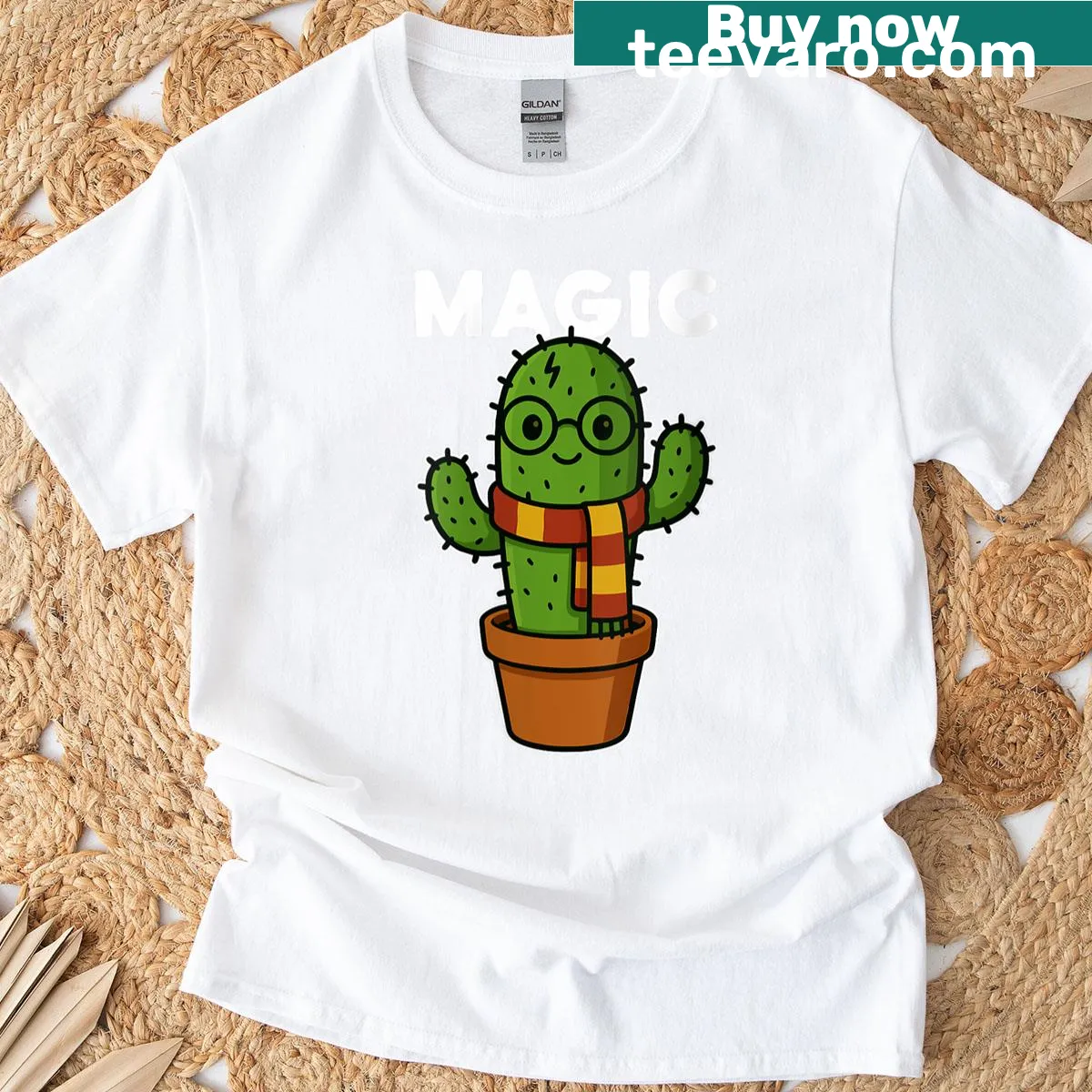 Cute cactus wizard design on a women's Halloween T-shirt — on a men's t-shirt