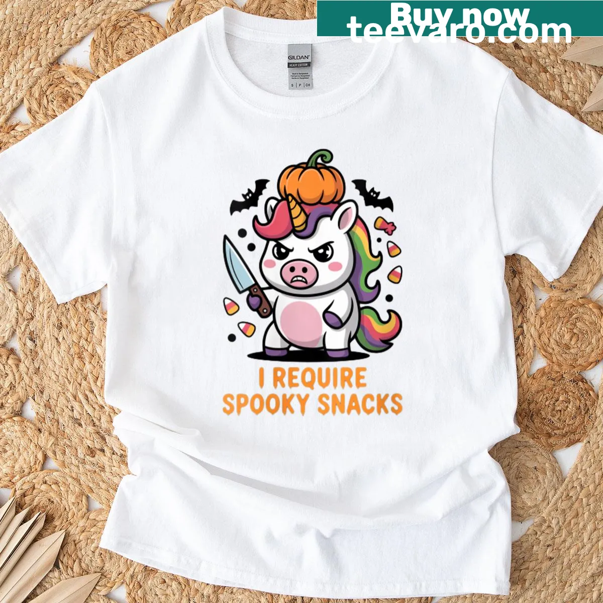 Funny Halloween t-shirt featuring an angry unicorn demanding spooky snacks — on a men's t-shirt