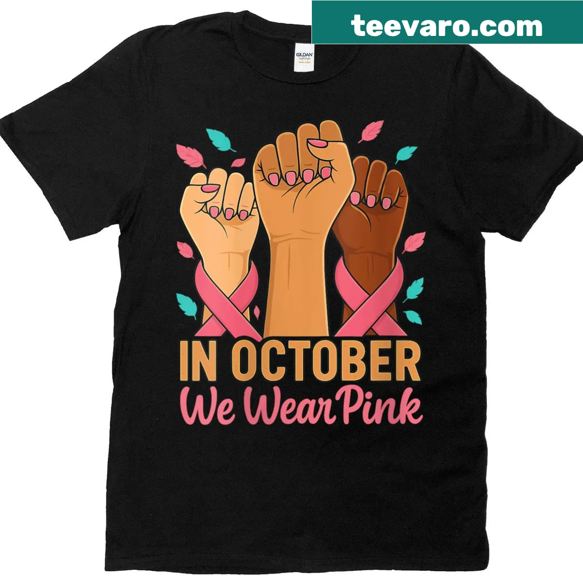 Breast cancer awareness t-shirt with 'In October We Wear Pink' message — on a men's t-shirt