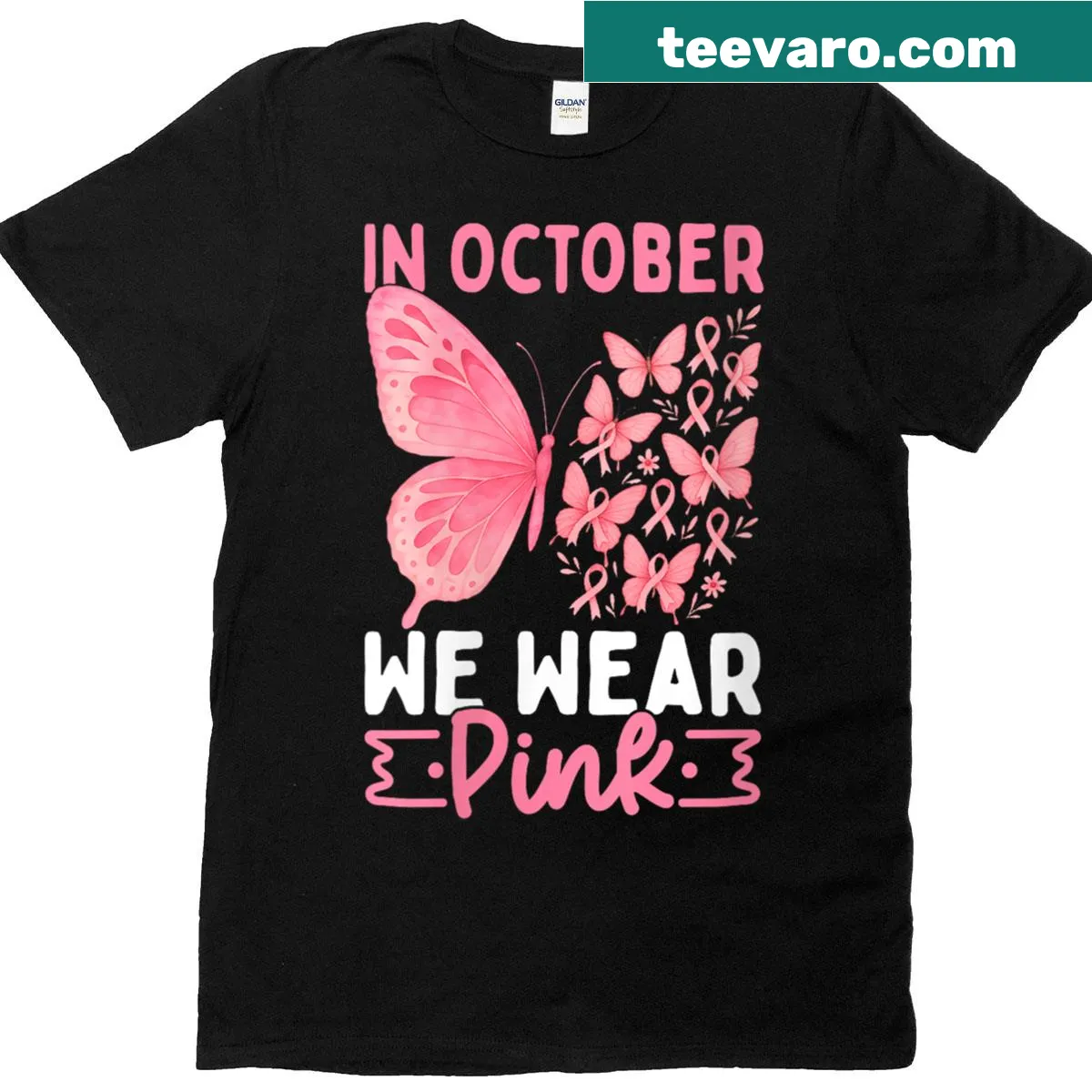 Awareness t-shirt with pink butterfly and supportive text — on a men's t-shirt