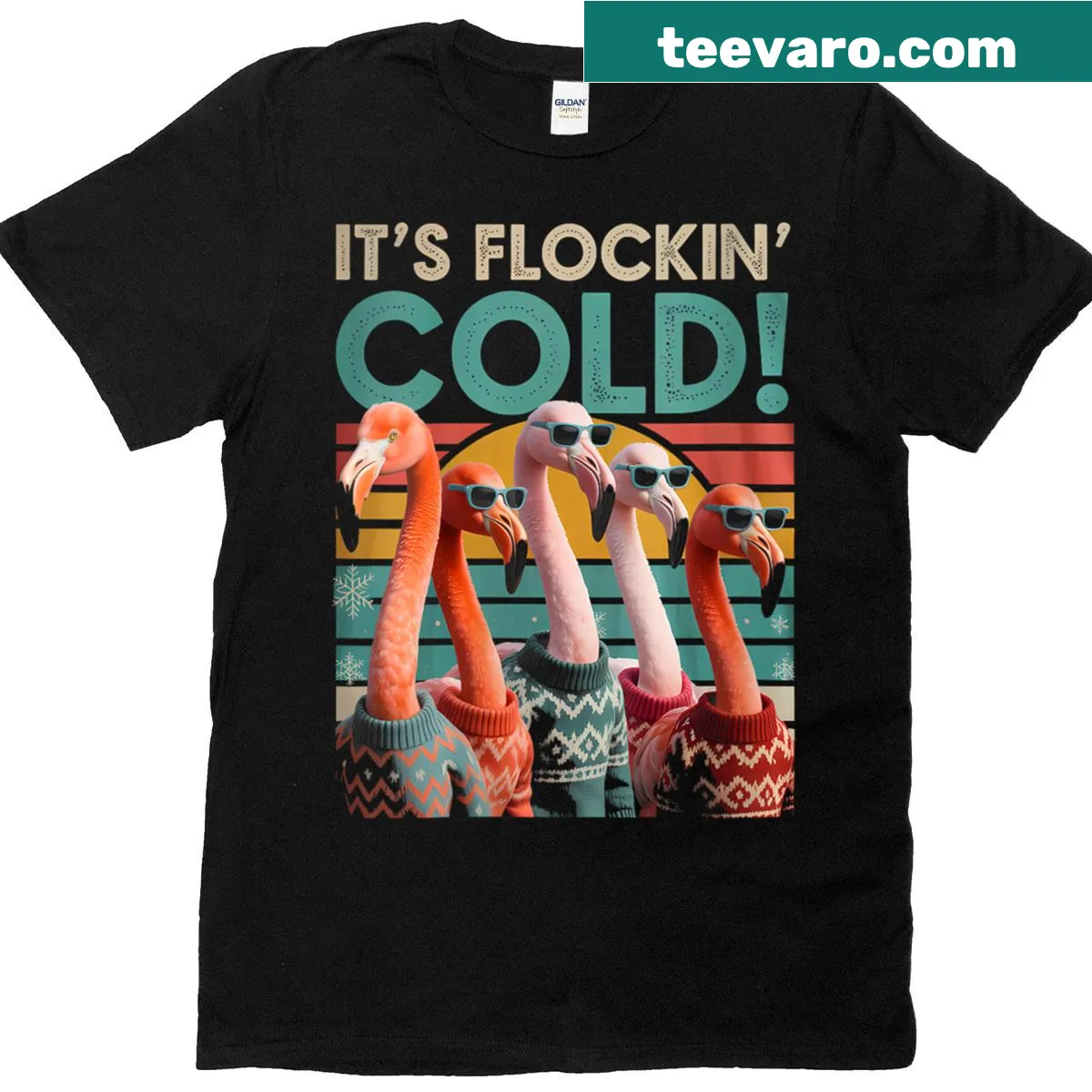 Funny flamingo Christmas T-shirt with humorous winter theme for moms — on a men's t-shirt