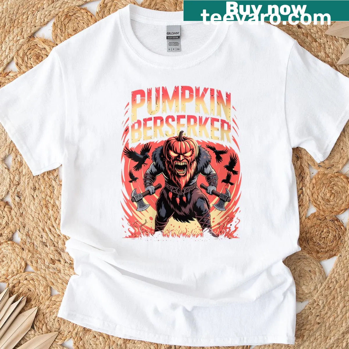 Nordic mythology pumpkin T-shirt with Norse berserker theme — on a men's t-shirt