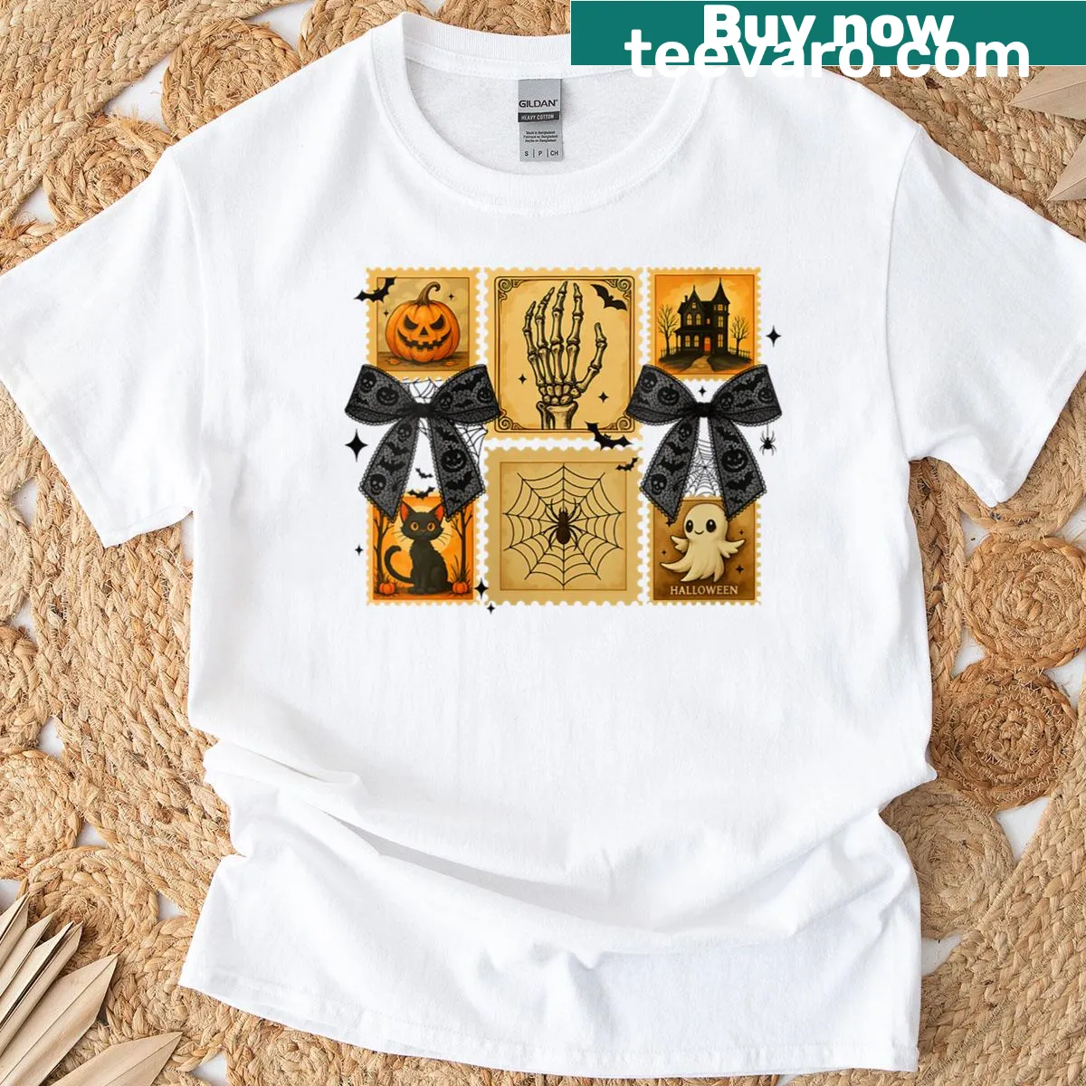 Vintage Halloween t-shirt with skeleton, pumpkin, and ghost stamps — on a men's t-shirt