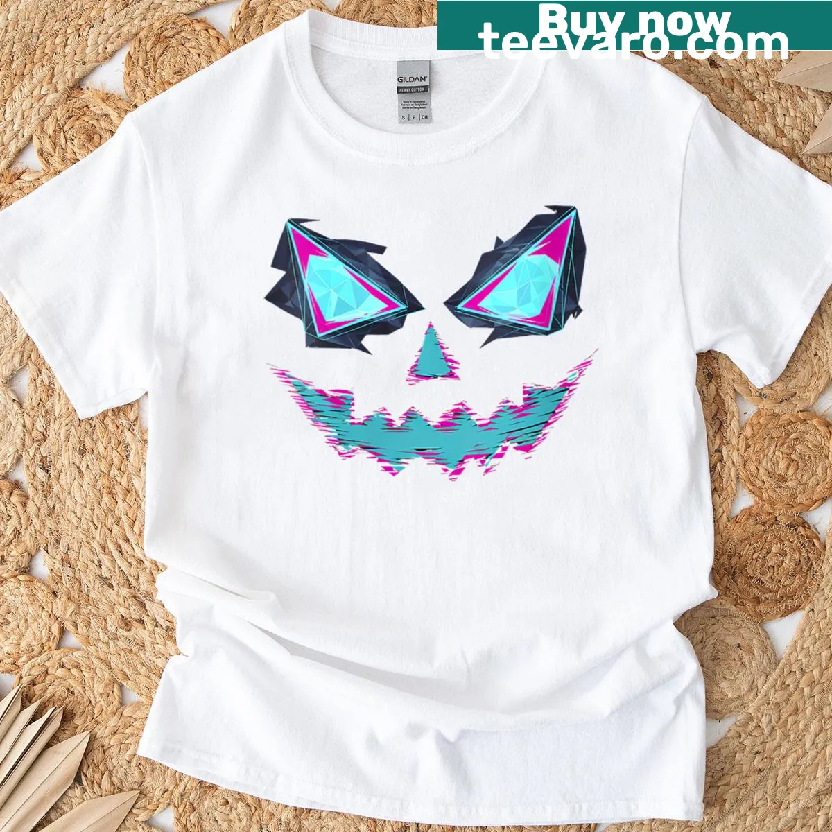 Scary pumpkin Jack O Lantern face graphic on women's T-shirt — on a men's t-shirt