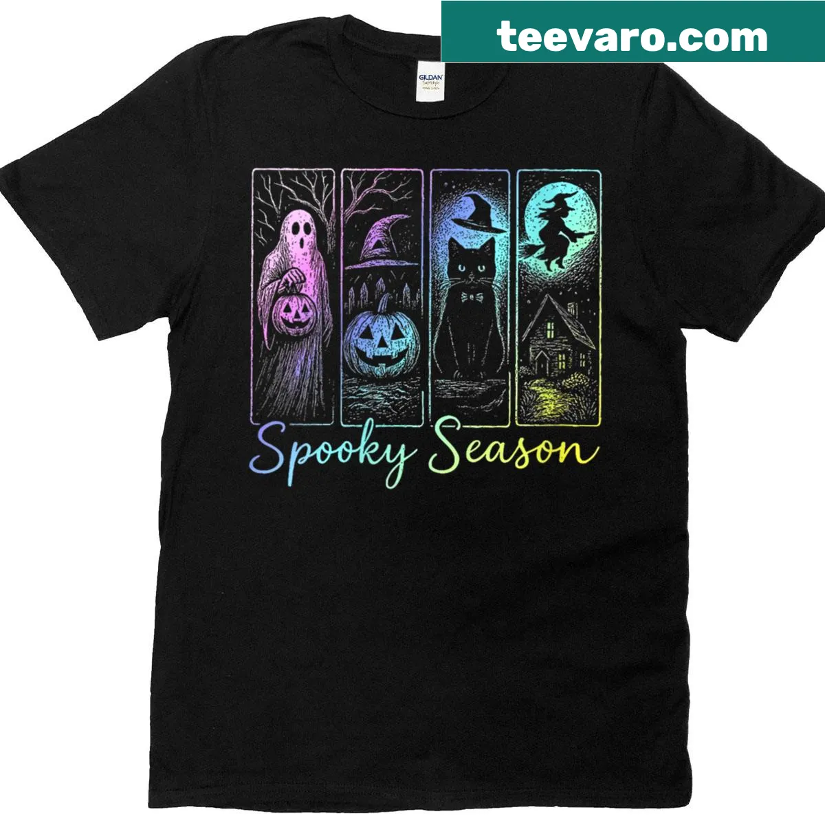 Retro Halloween T-shirt featuring ghosts, cats, and pumpkins for women — on a men's t-shirt