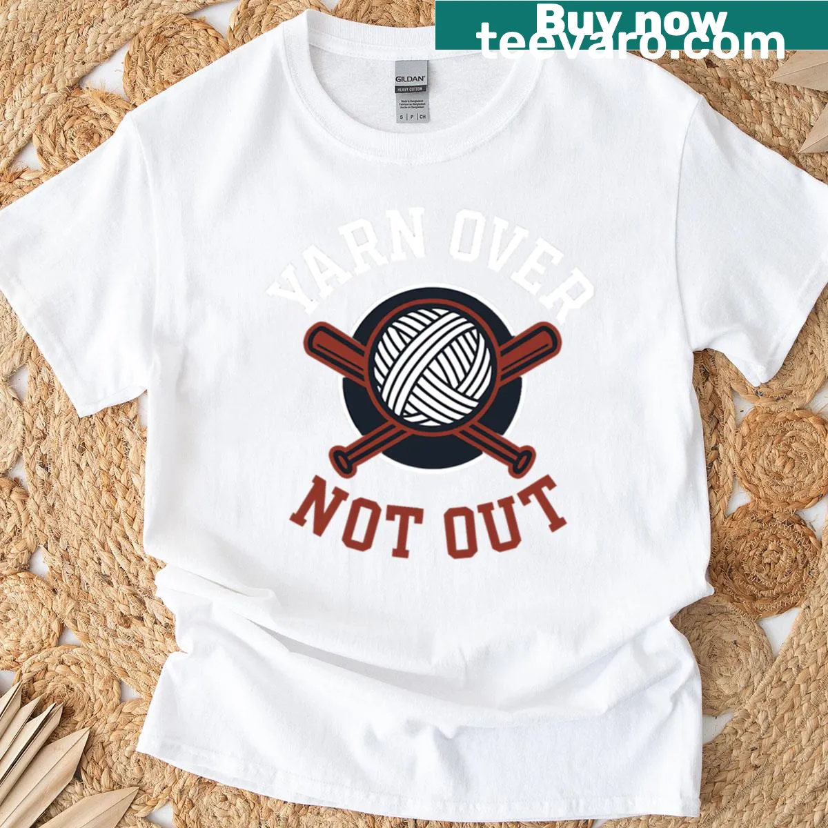 Funny baseball and knitting-themed T-shirt — on a men's t-shirt