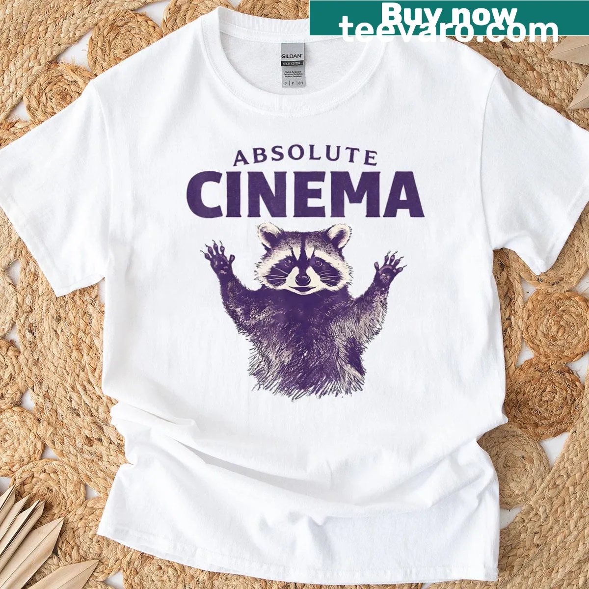 Cute raccoon raising hands graphic T-shirt — on a men's t-shirt