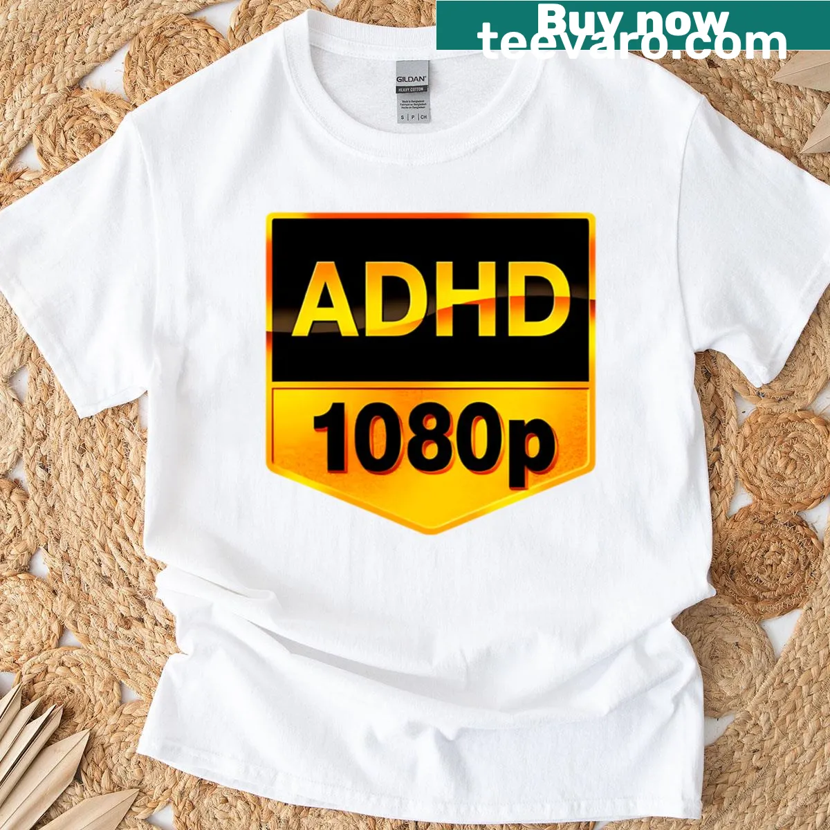 Humorous T-shirt featuring 'ADHD 1080p' text design — on a men's t-shirt