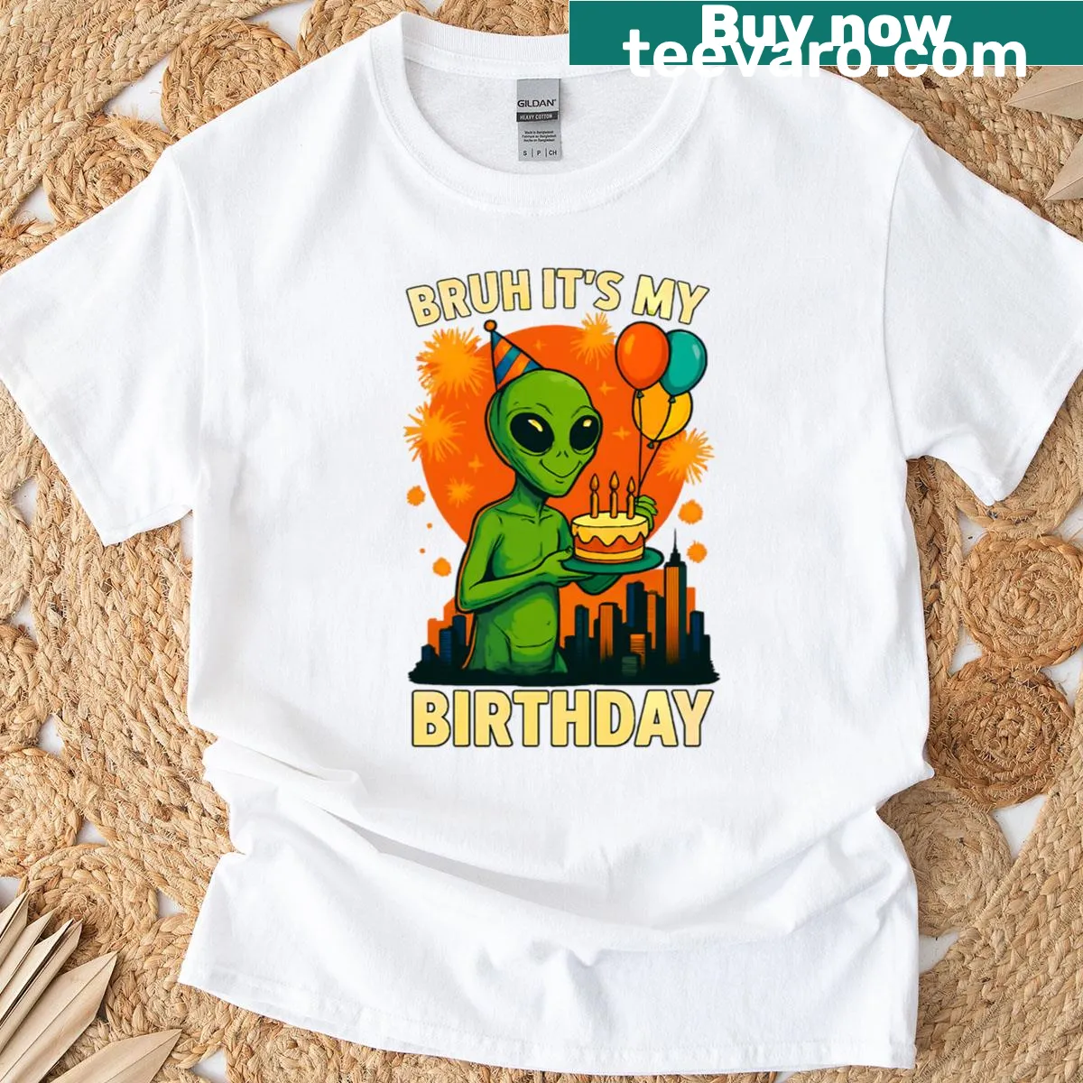 Fun t-shirt featuring cartoon aliens for birthday parties — on a men's t-shirt