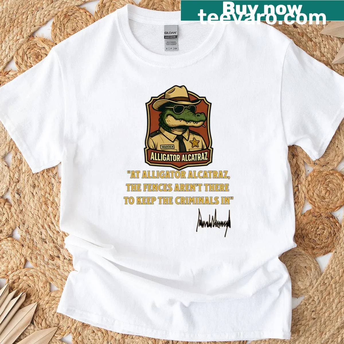 T-shirt with an alligator quote and Alcatraz fences graphic — on a men's t-shirt