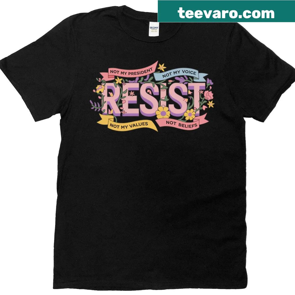 Anti-Trump T-shirt with floral design and 'Not My President' text — on a men's t-shirt