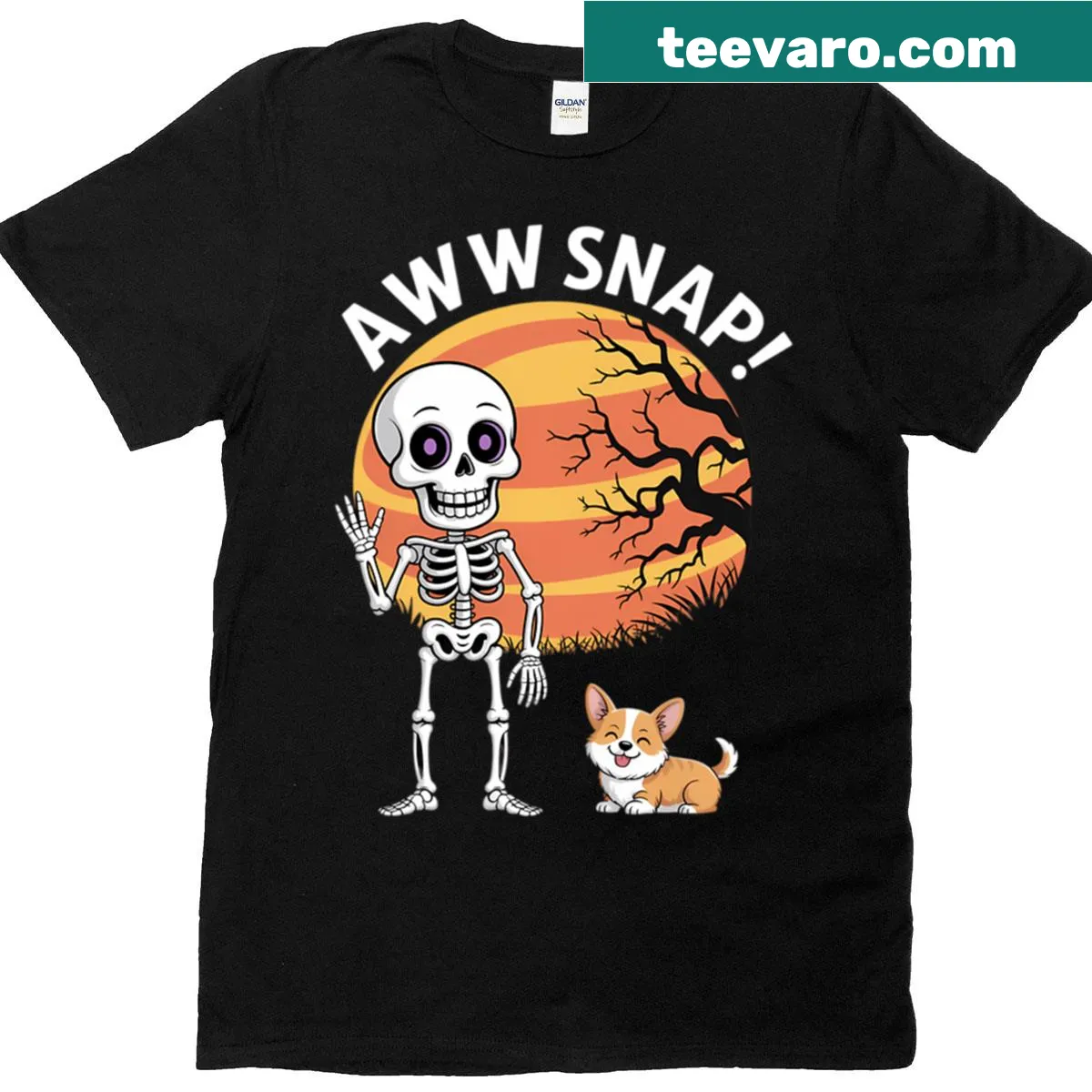 Funny Halloween graphic featuring a skeleton corgi dog — on a men's t-shirt