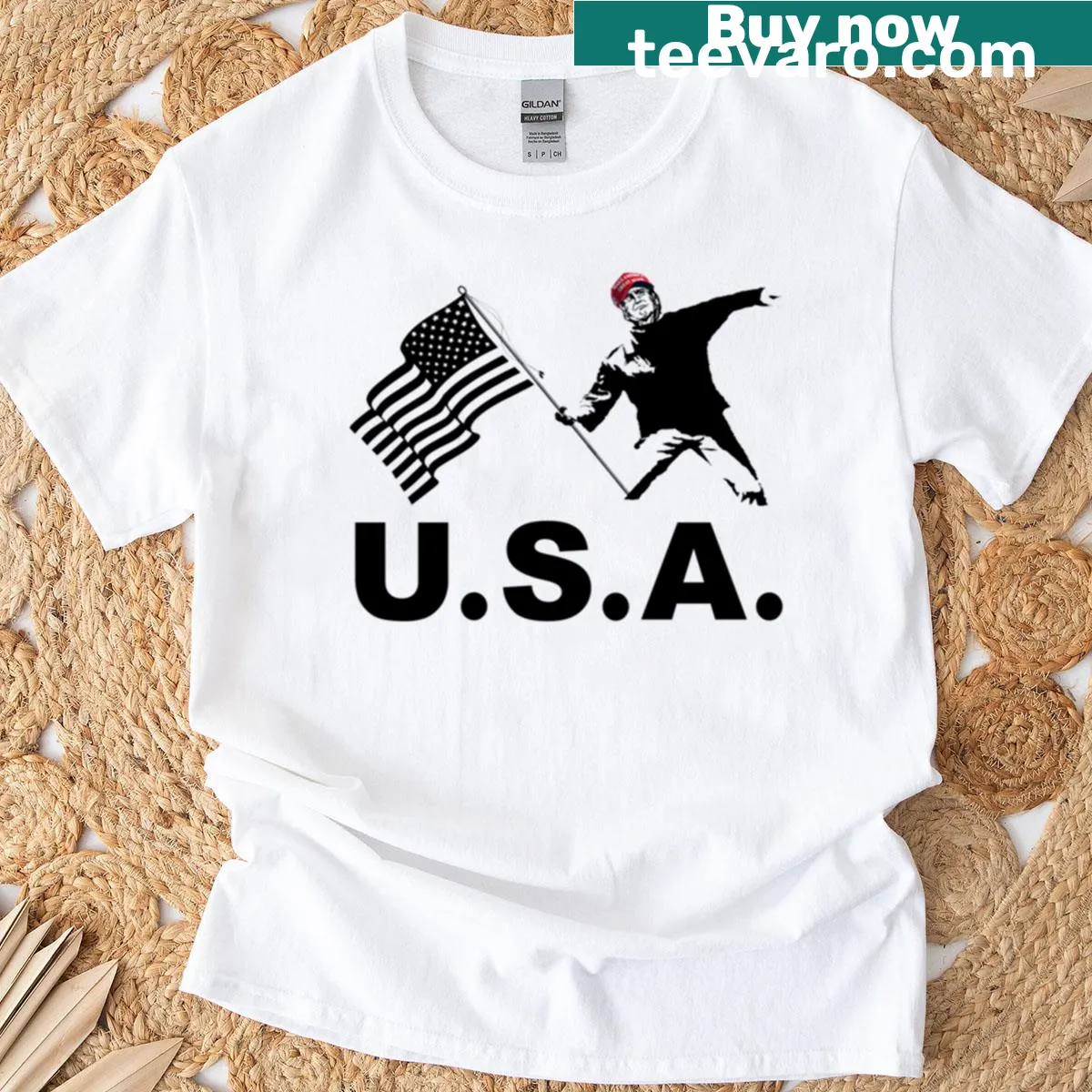 Banksy-inspired T-shirt featuring Trump illustration — on a men's t-shirt