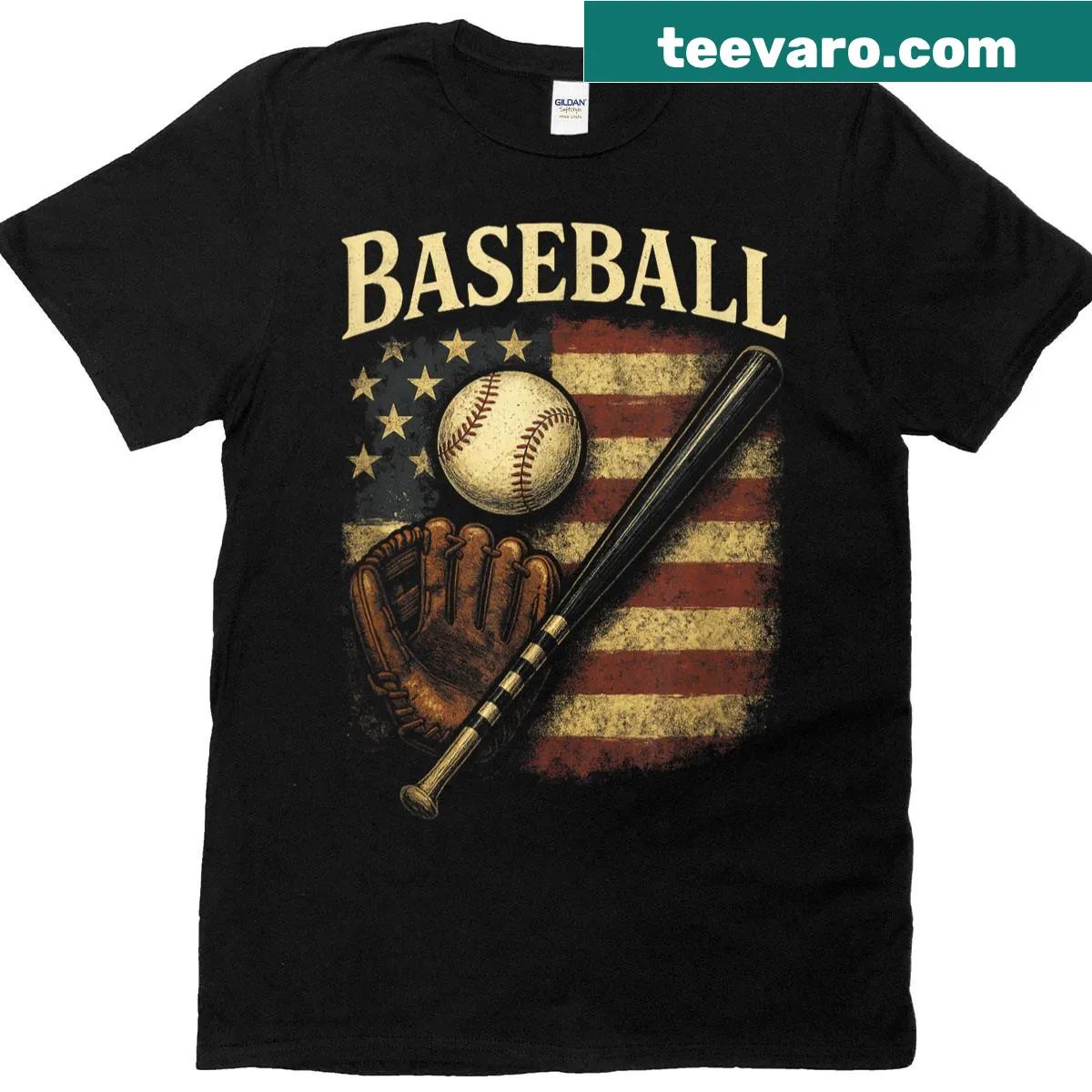 Vintage-style Baseball T-shirt with bat and glove over American flag — on a men's t-shirt