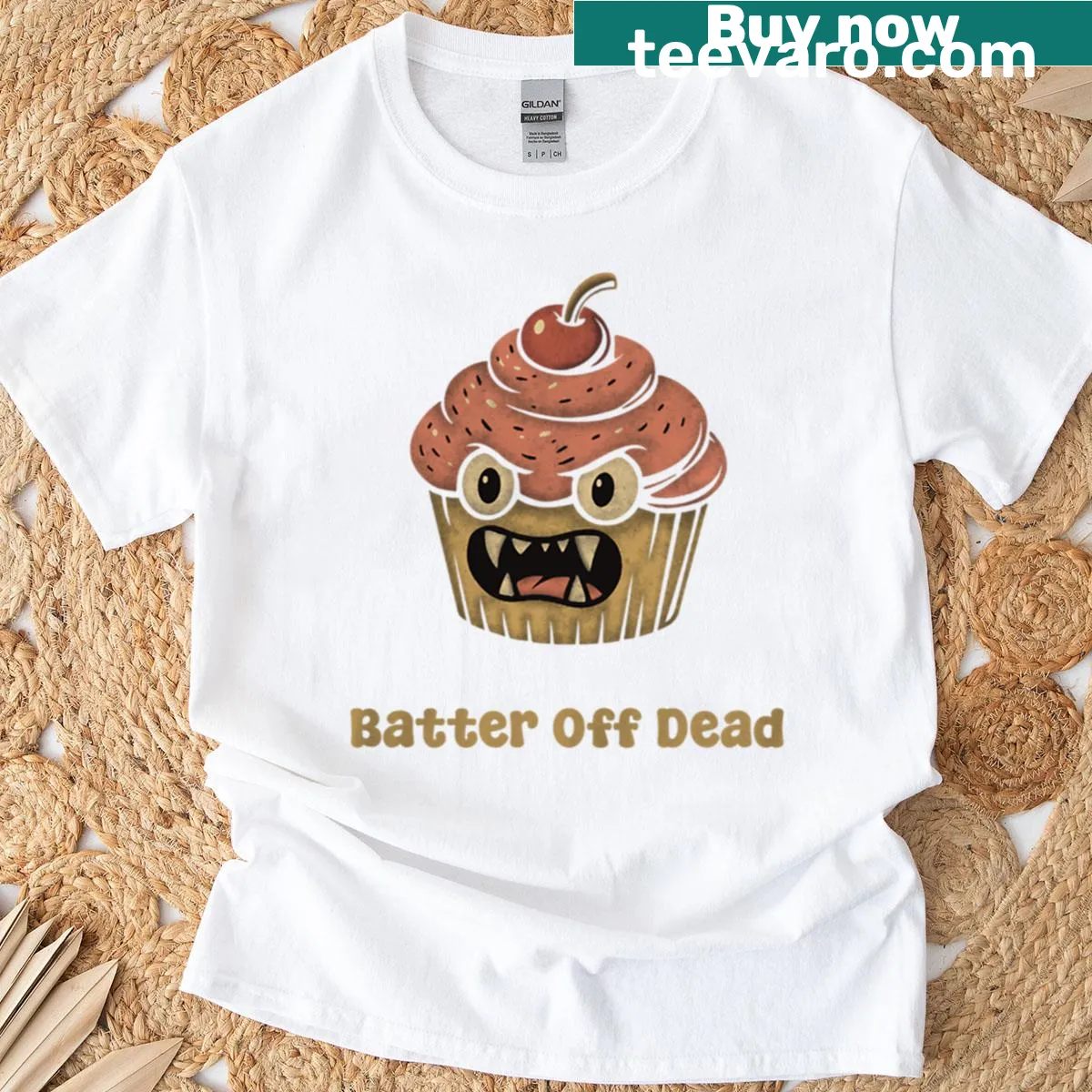 Funny oversized T-shirt with vampire cupcake illustration and pun. — on a men's t-shirt