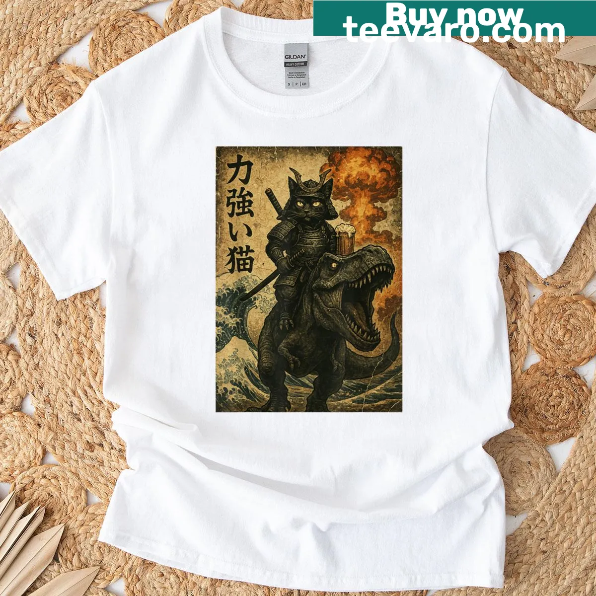 Imaginative T-shirt featuring a black cat samurai, dinosaur, and sea waves. — on a men's t-shirt