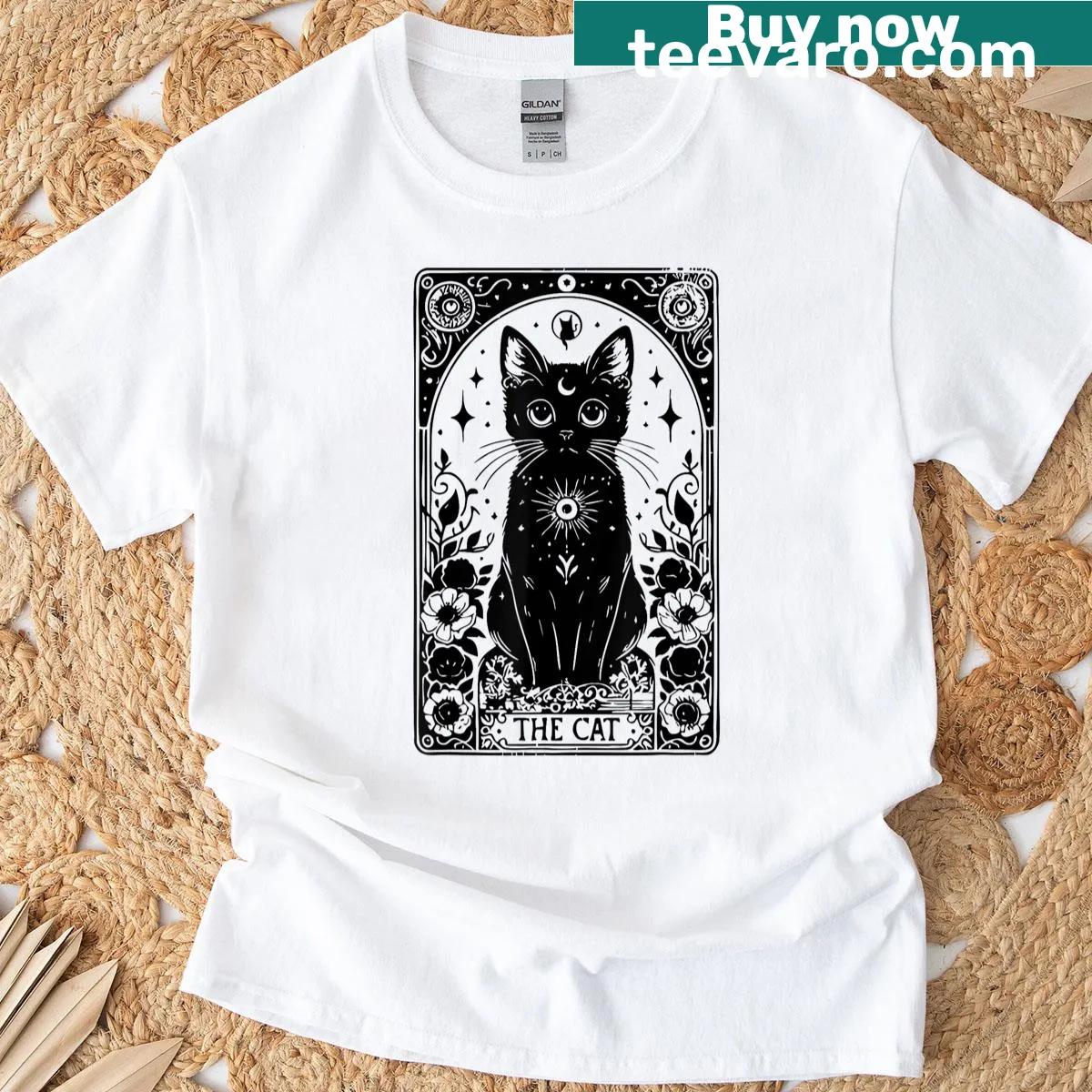 Grunge style T-shirt featuring a black cat silhouette — on a men's t-shirt