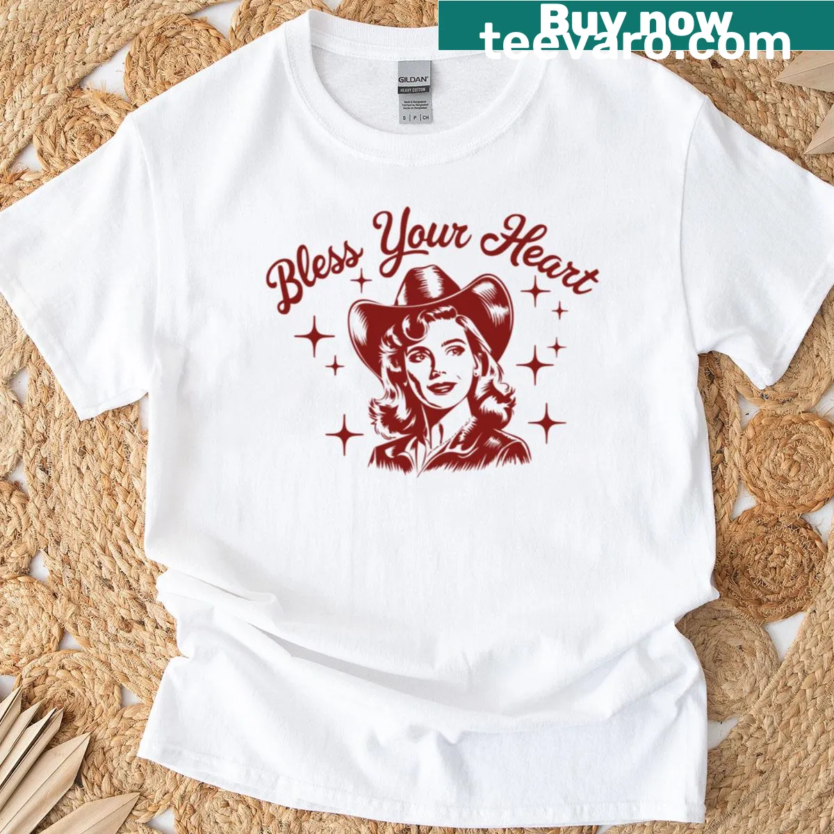 Retro cowgirl T-shirt with humorous text design — on a men's t-shirt