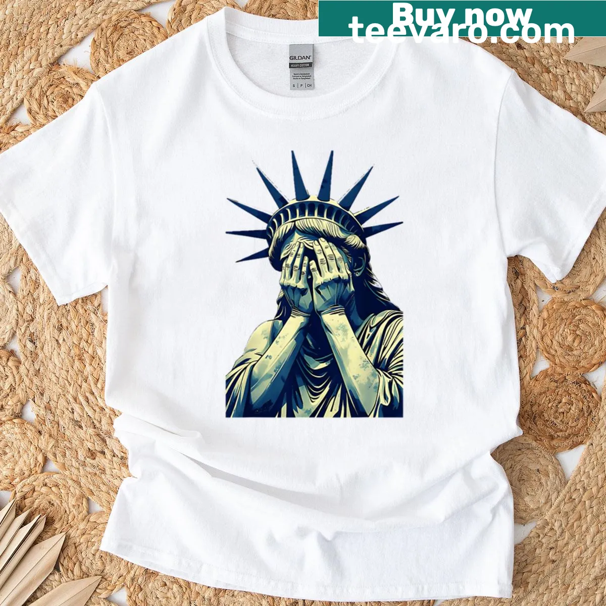 Statue of Liberty crying blood in a dramatic illustration — on a men's t-shirt