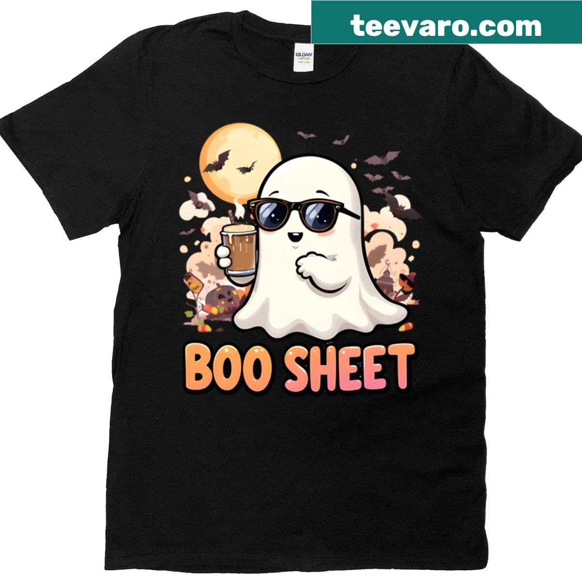 Oversized Halloween T-shirt with ghost graphic and 'Boo Sheet' text — on a men's t-shirt