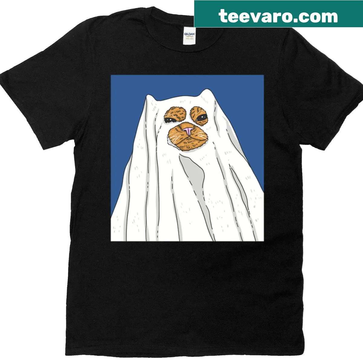 Cute ghost cat in a cape graphic Halloween T-shirt — on a men's t-shirt