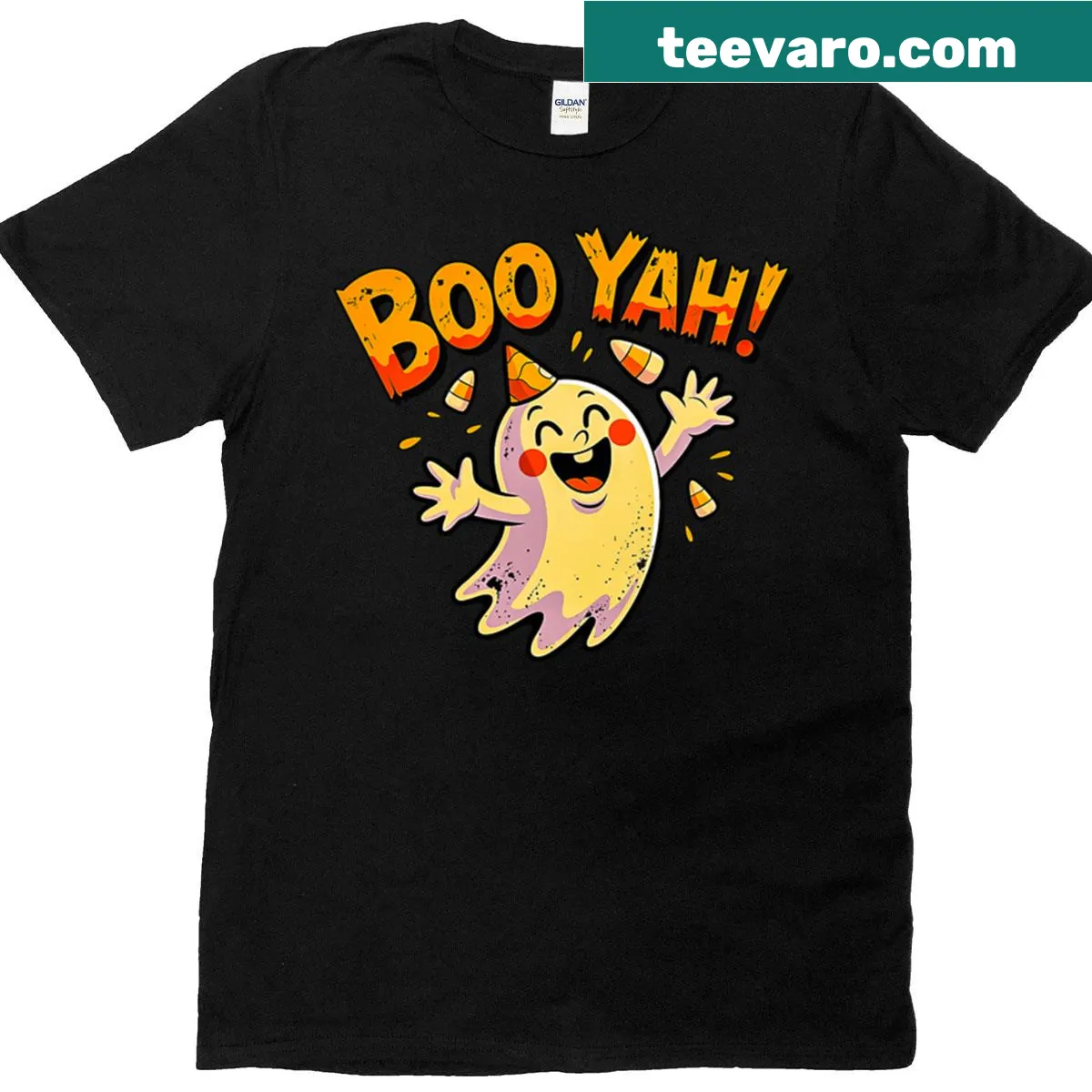 Cute ghost graphic for Halloween-themed t-shirt — on a men's t-shirt