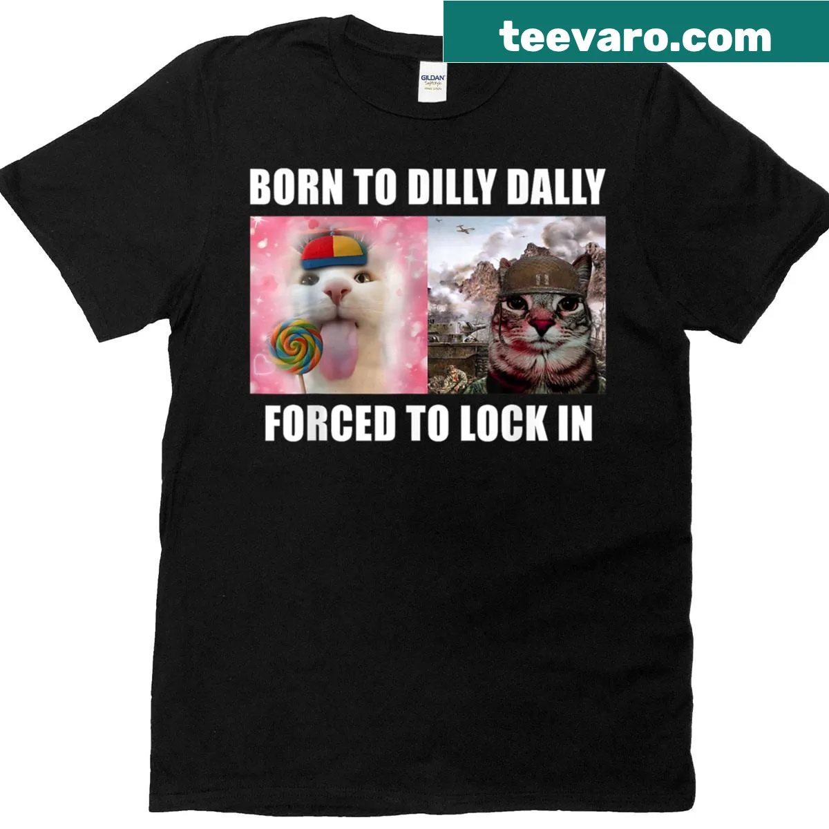 Cat meme graphic with text on a T-shirt about procrastination — on a men's t-shirt