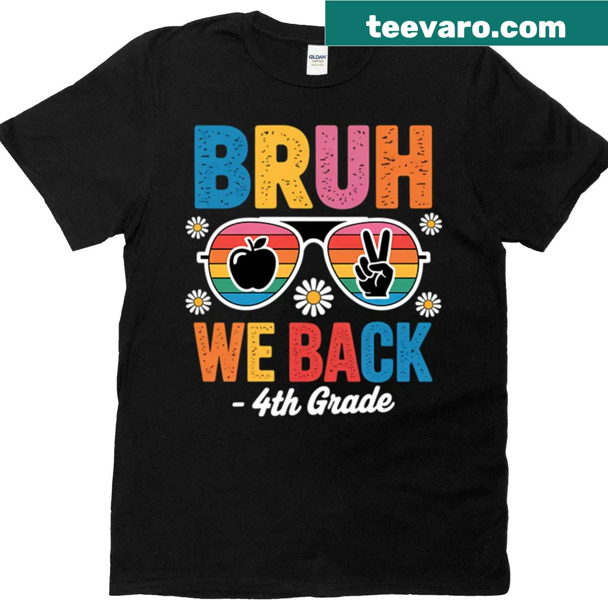 Funny t-shirt with the phrase Bruh We Back 4th Grade and rainbow sunglasses — on a men's t-shirt