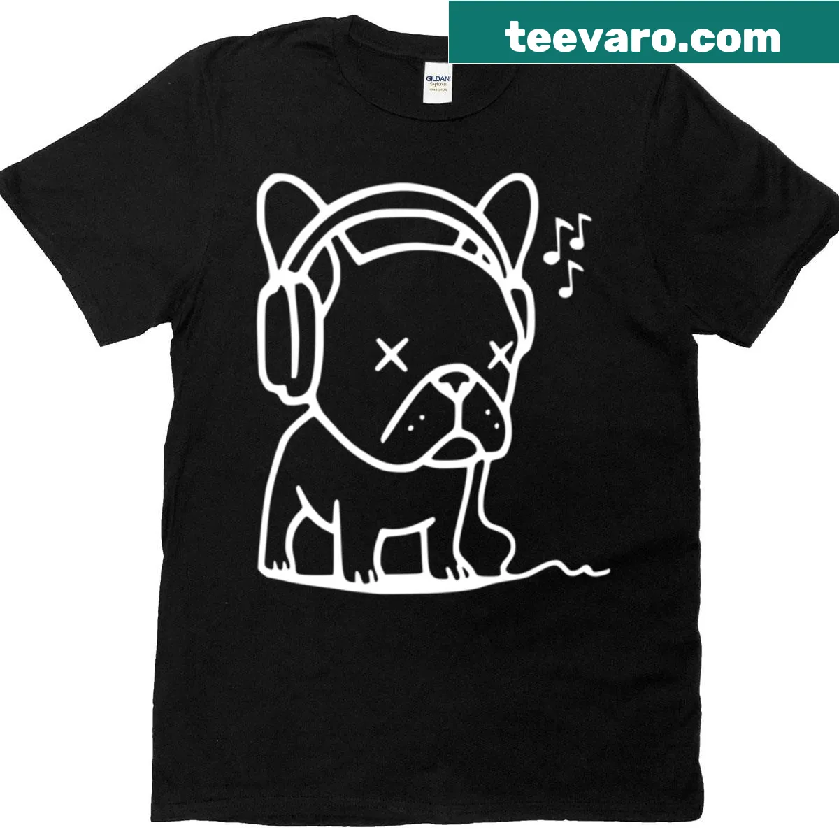 Illustrated bulldog wearing headphones, enjoying music — on a men's t-shirt