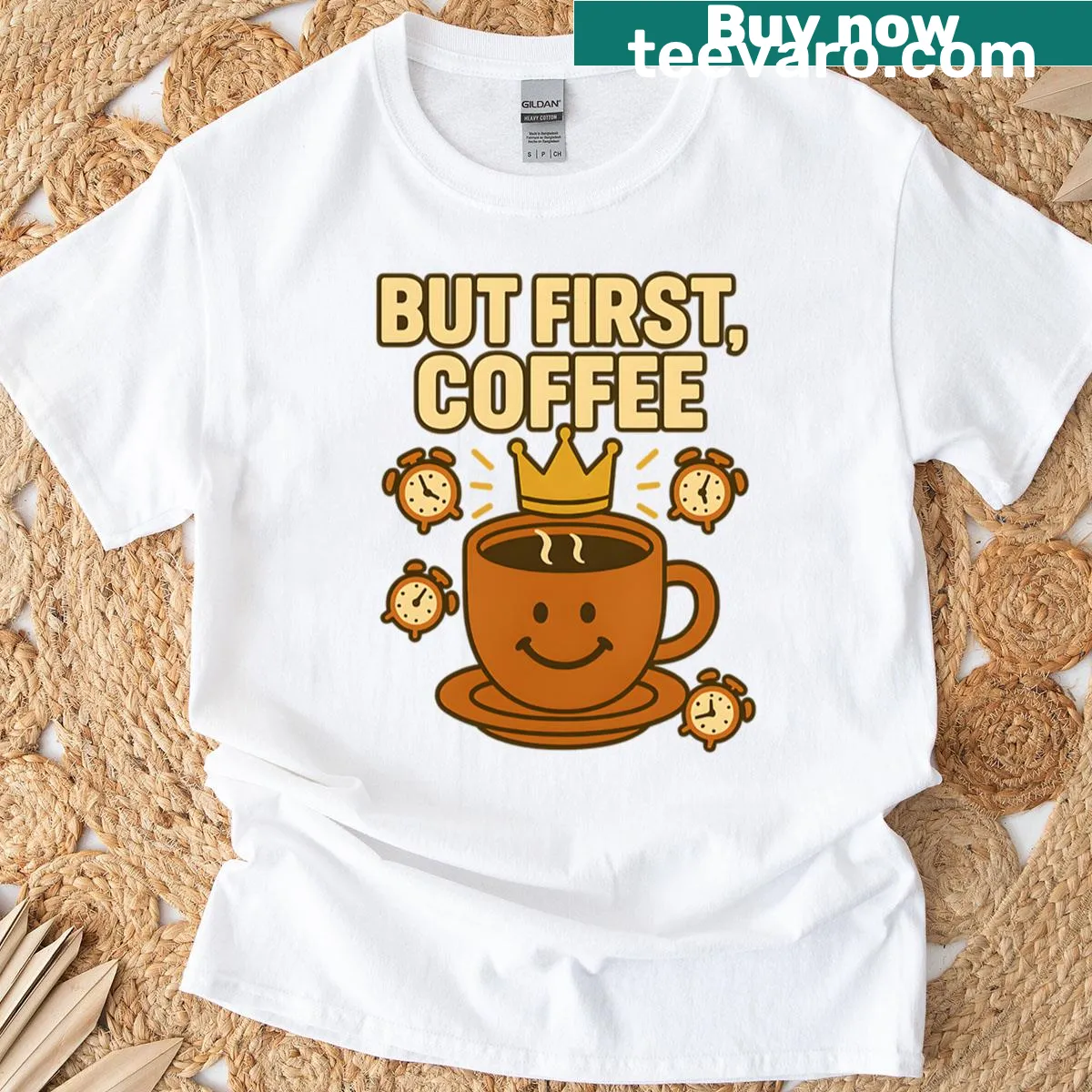 Cute T-shirt featuring a coffee cup illustration and morning message — on a men's t-shirt