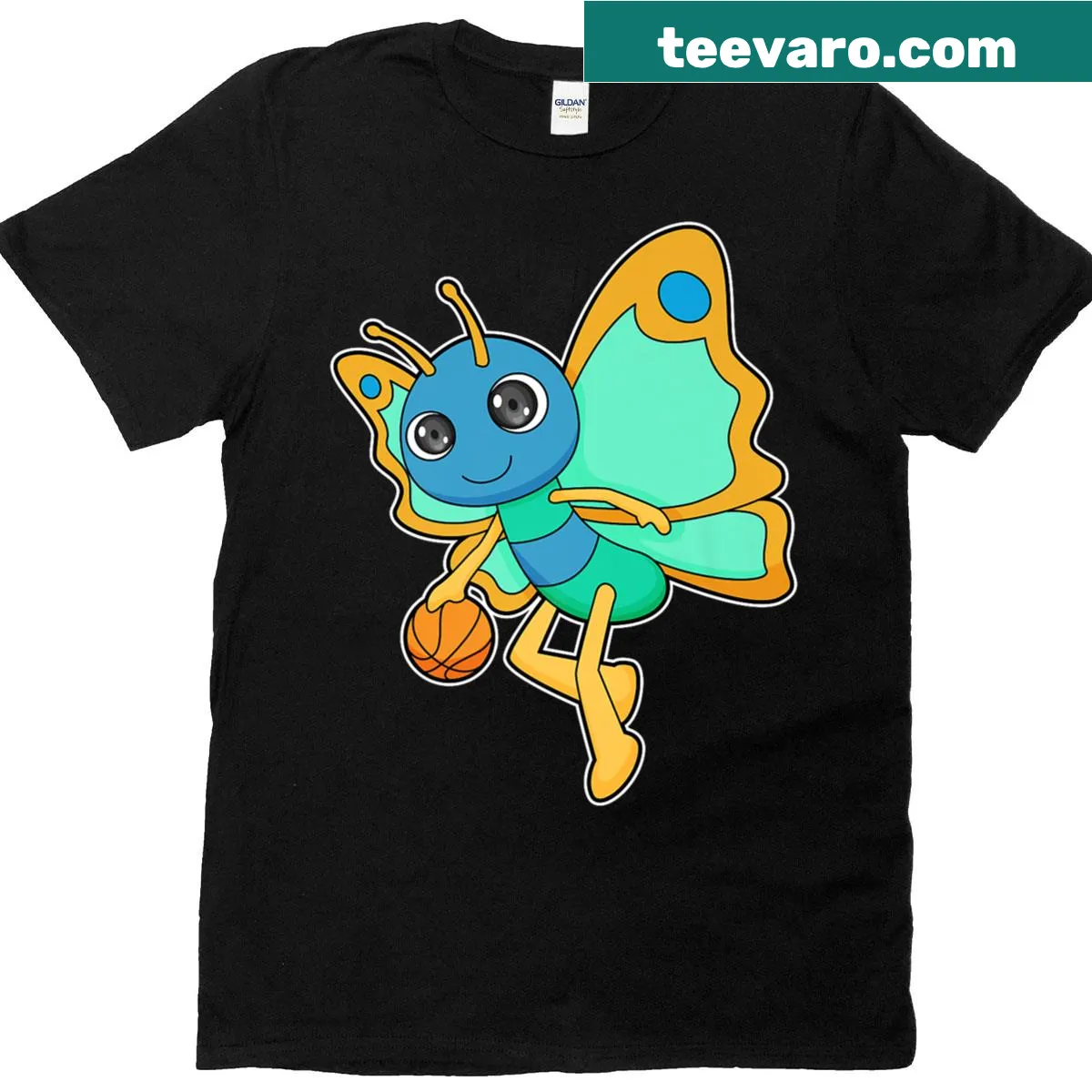 Butterfly themed graphic of a basketball player on a t-shirt. — on a men's t-shirt