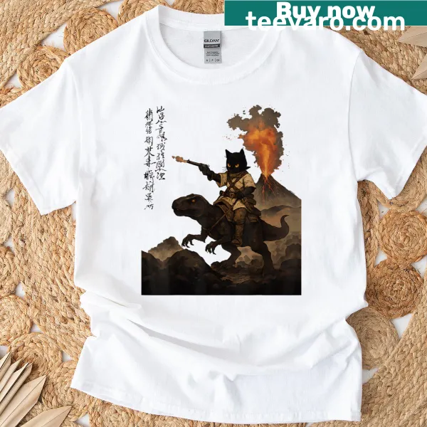 Fun graphic of a dinosaur and cat in a volcanic eruption scene on a t-shirt.