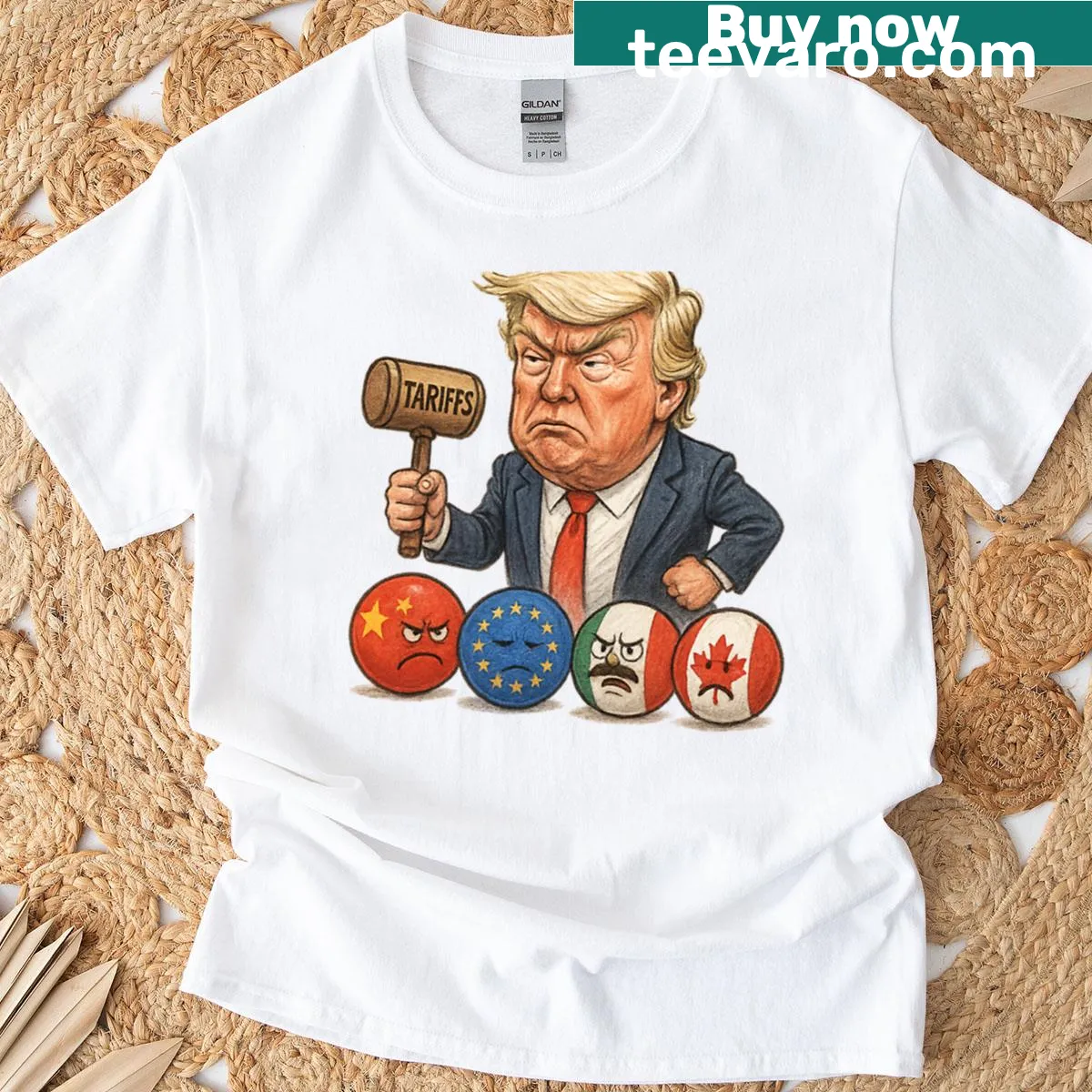 Caricature of Donald Trump imposing tariffs depicted in a humorous design. — on a men's t-shirt