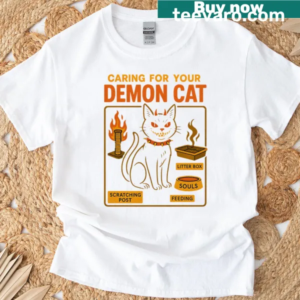 Funny vintage oversized t-shirt about caring for a demon cat