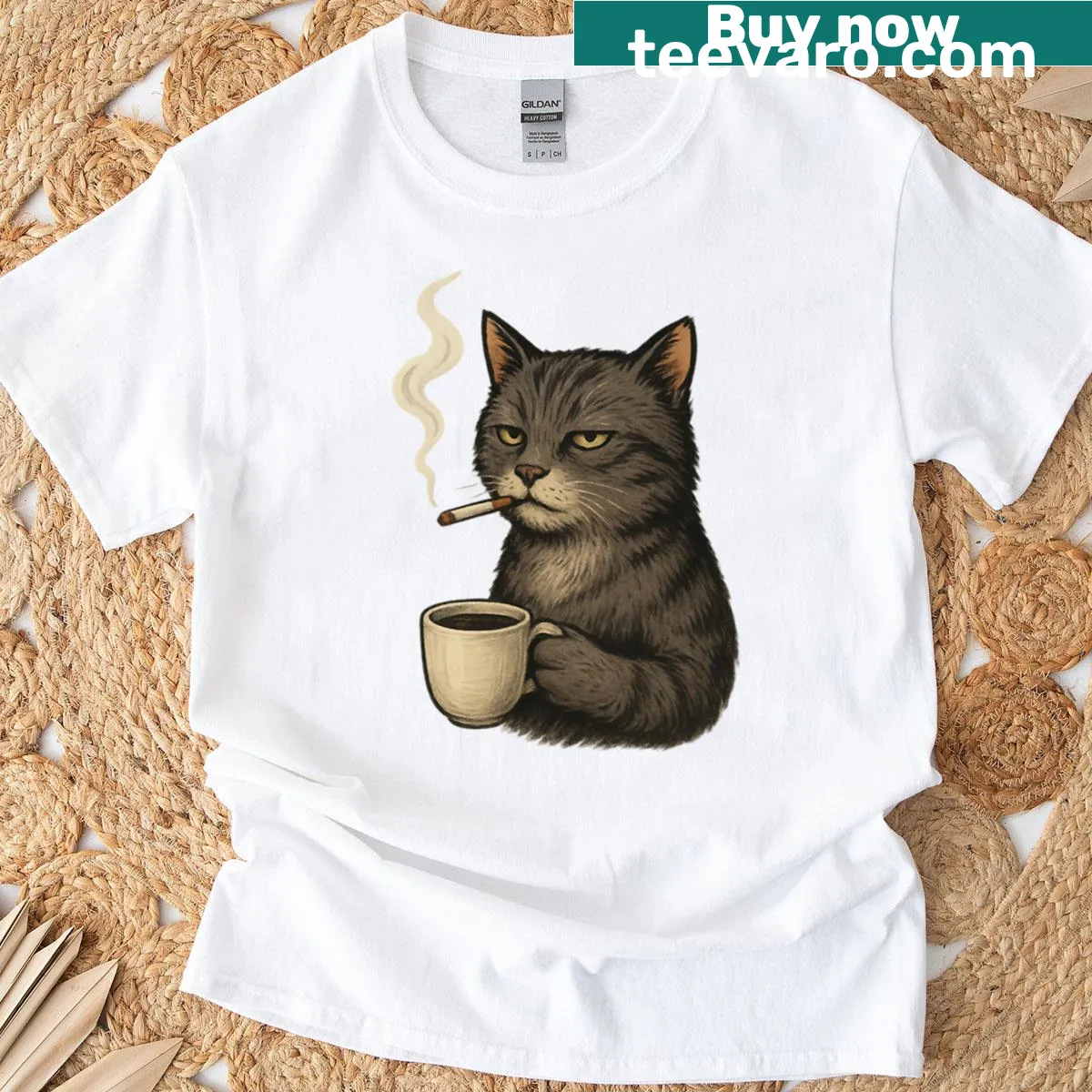 Cartoon black cat with coffee and a cigarette — on a men's t-shirt