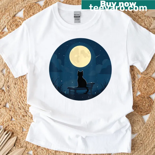 Whimsical illustration of a cat with a moon background