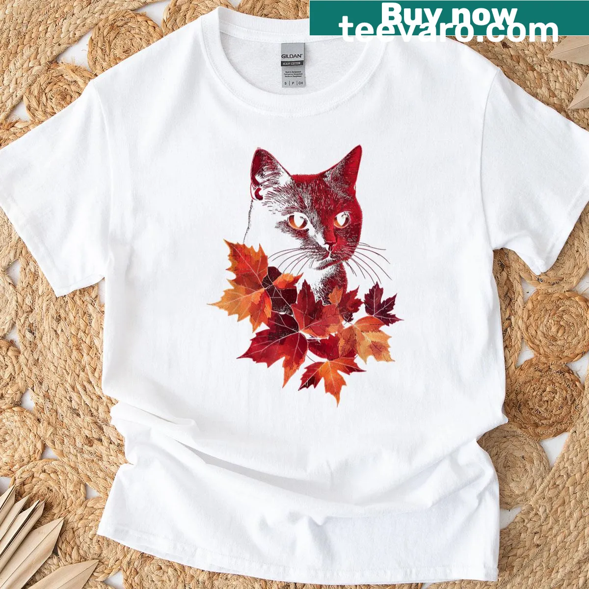 Illustration of a black cat among autumn leaves on a T-shirt — on a men's t-shirt