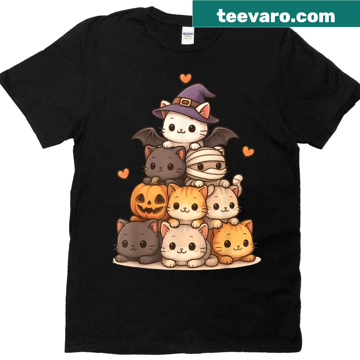 Kawaii Halloween t-shirt with a stack of cute cartoon cats — on a men's t-shirt